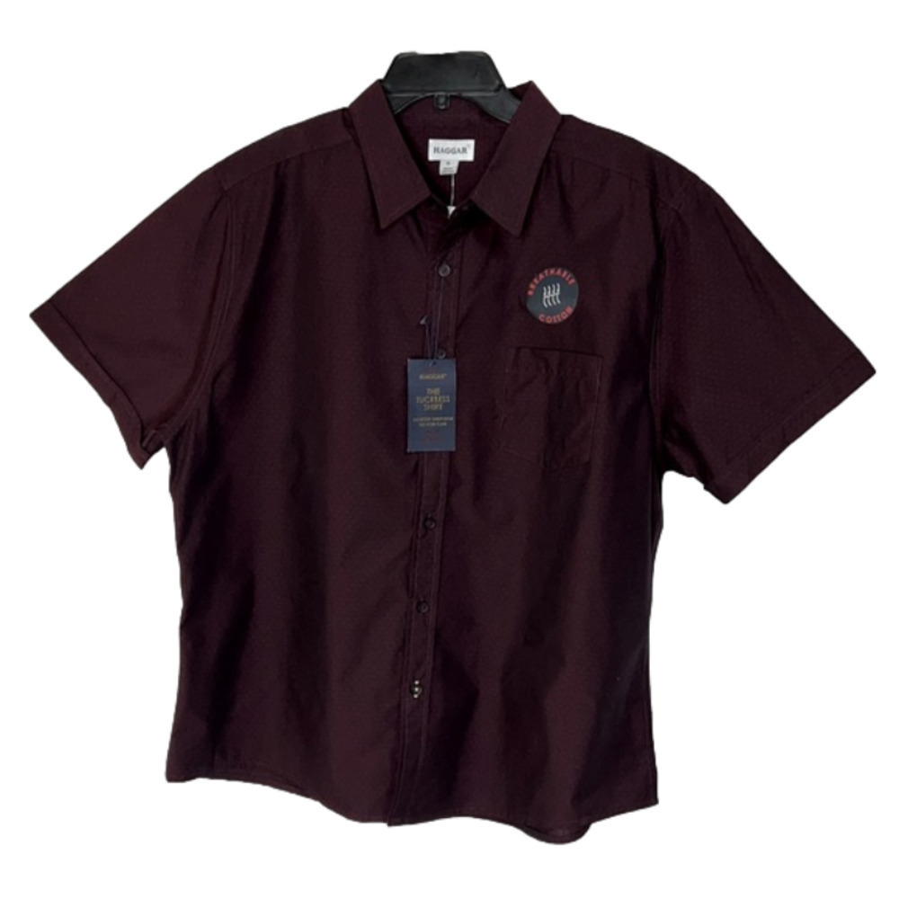 Haggar Tuckless Burgundy Short Sleeve Cotton Button Down Shirt - Size XL, NWT - Picture 1 of 10